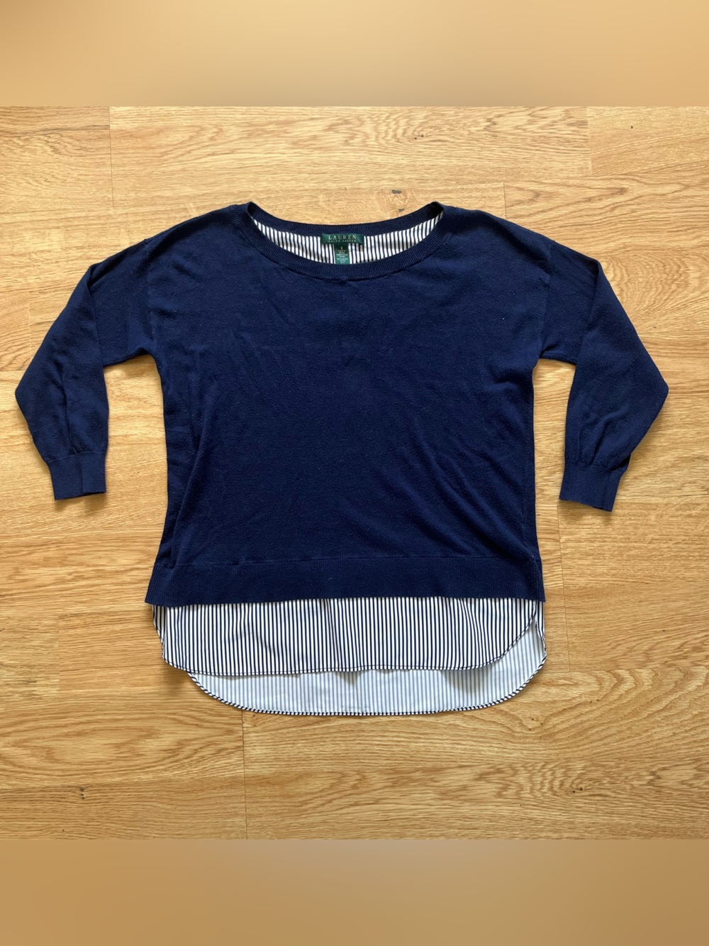 Lauren Ralph Lauren Navy Knit Crew Neck Pullover Layered Striped Hem S Office